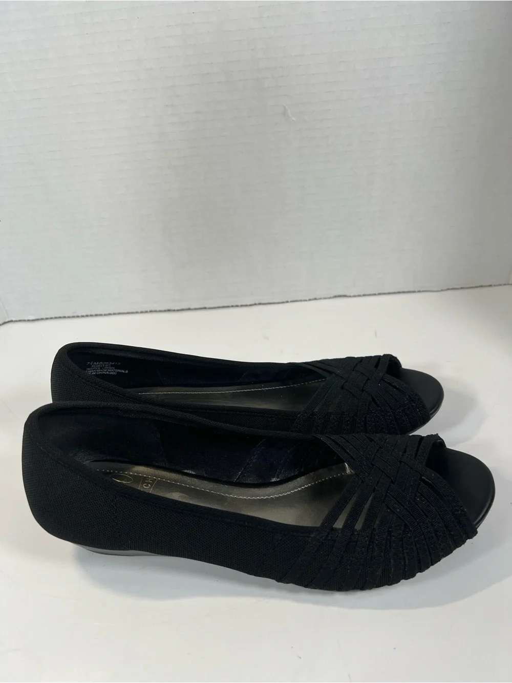 IMPO Stretch Riswel Black Woven Peep Toe Wedge Pumps Women’s 7.5M